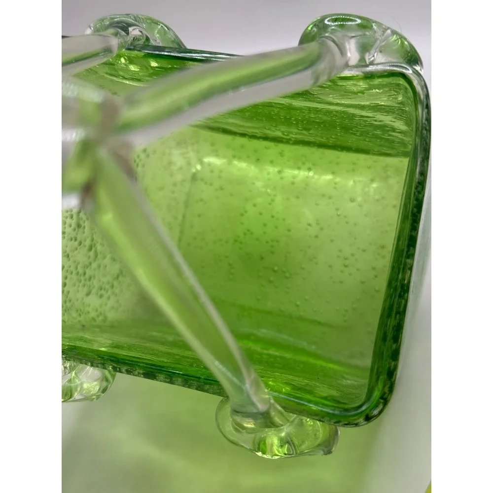 Green Art Glass Basket Vase Hand‎ Blown Bubble Design Decor Accent Piece